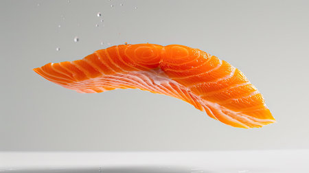 Isolated piece of raw salmon falling on a white backdrop, emphasizing its freshness and vibrant textureの素材