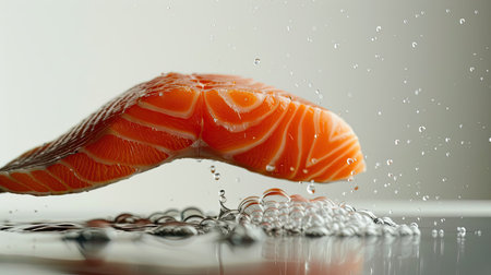Raw salmon in free fall with a white background, emphasizing its natural color and texture, full depth of fieldの素材