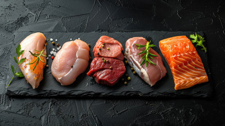 Set of raw veal, beef, pork, chicken fillet, and salmon steak on a black stone surface, ideal for showcasing diverse meat optionsの素材
