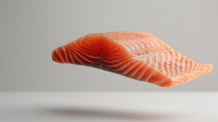 Raw salmon in free fall against a white backdrop, showcasing its bright pink hue and smooth texture, full depth of fieldの素材
