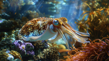 Magnificent cuttlefish hovering near a coral reef, emphasizing its role in the marine ecosystemの素材