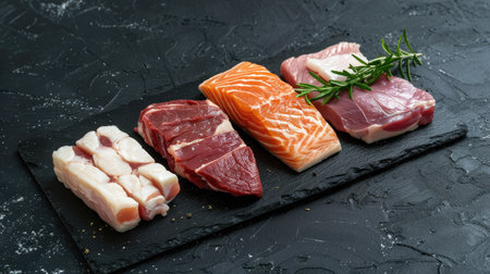 Set of raw veal, beef, pork, chicken fillet, and salmon steak on a black stone surface, ideal for showcasing diverse meat optionsの素材