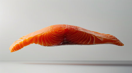 Raw salmon in free fall against a white backdrop, showcasing its bright pink hue and smooth texture, full depth of fieldの素材