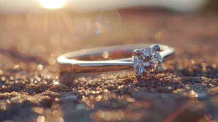 Shining diamond ring sparkling in the sun, ideal for a memorable proposalの素材