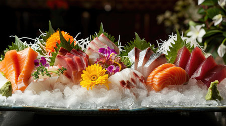 Sashimi platter on ice under warm lighting, ideal for food blogsの素材