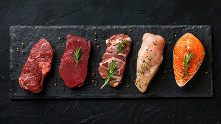 Set of raw veal, beef steaks, pork, chicken fillet, and salmon steak arranged on a black stone surface, perfect for meat selection visualsの素材