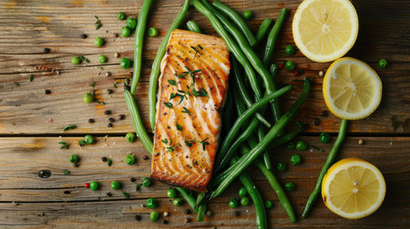 Seared salmon steak with green beans and lemon slices on a wooden table, ideal for emphasizing a nutritious and appetizing mealの素材