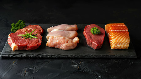 Set of raw veal, beef steaks, pork, chicken fillet, and salmon steak arranged on a black stone surface, perfect for meat selection visualsの素材