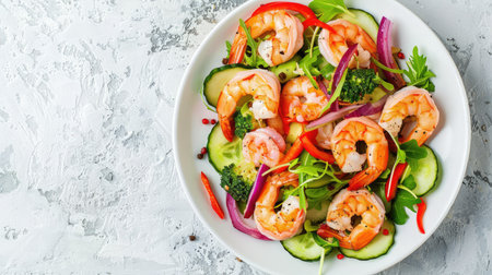 Shrimp salad on white stone background, emphasizing fresh seafood and colorful vegetables, top viewの素材
