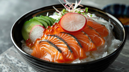 Side view of salmon donburi featuring carved radish and vegetables, showcasing the elegance and intricacy of Japanese food stylingの素材