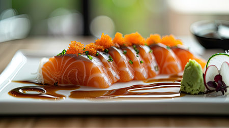 Side view of salmon sashimi served with three sauces on a white plate, placed on a wooden table, perfect for food photography and presentationの素材