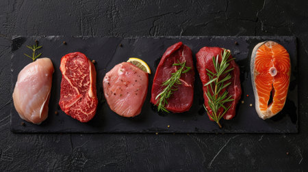 Top view of a set of raw veal, beef steaks, pork, chicken fillet, and salmon steak on a black stone background, ideal for culinary displaysの素材