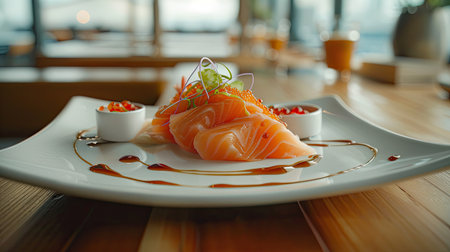 Side view of salmon sashimi with three sauces on a white plate, presented on a wooden table, showcasing the artistry and freshness of the dishの素材
