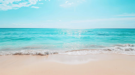 Sunny beach with turquoise water and clear sky, perfect for summer vacation adsの素材