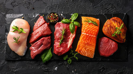 Various raw meats including veal, beef, pork, chicken, and salmon steak displayed on a black stone background, top viewの素材