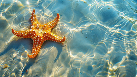 Vibrant starfish resting in clear water on a summer beach, ideal for backgroundsの素材