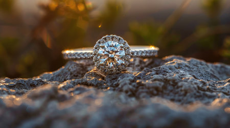 Sparkling diamond ring glowing in natural light for a perfect proposalの素材
