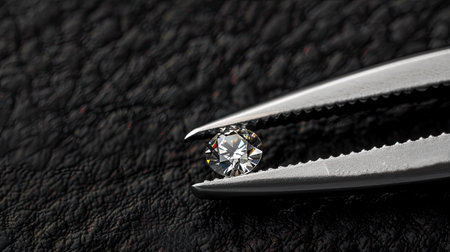 Tweezers with a dazzling diamond on black fabric, top view, providing ample space for text, perfect for luxury brandingの素材