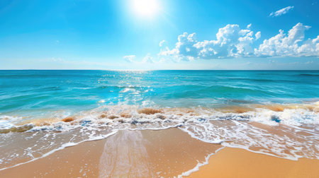 Sunny beach with turquoise water and clear sky, perfect for summer vacation adsの素材
