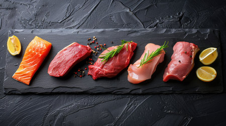 Top view of raw veal, beef, pork, chicken, and salmon steak on a sleek black stone background, emphasizing meat variety and qualityの素材