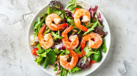 Top view of a shrimp salad on a white stone surface, emphasizing the freshness of the seafood and mixed greensの素材