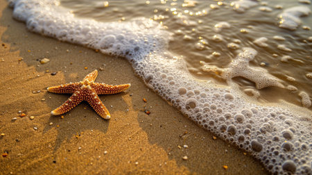 Starfish on a sandy beach with sea water, perfect for a summer time backdropの素材