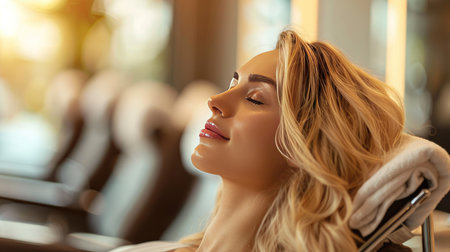 Blonde woman at the spa, enjoying hair care treatment, smooth and shiny hairstyle, elegant and relaxedの素材