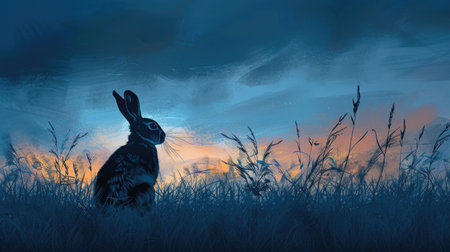 Silhouette of a rabbit hopping through an evening meadow, under a twilight skyの素材