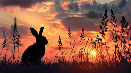 Silhouette of a rabbit in the meadow at twilight, surrounded by evening calmの素材