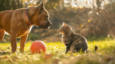 Dog and cat sharing a playful moment with a ball, showcasing their fun-loving nature and adorable pet friendship.の素材
