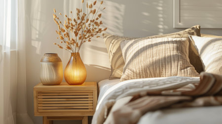 A minimalist bedroom with a rice-colored glass bedside lamp on a wooden nightstandの素材