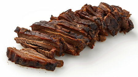 Tender smoked pork brisket, sliced and displayed on white backgroundの素材
