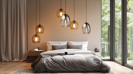 A modern bedroom with rice-colored glass pendant lights hanging above the bedの素材
