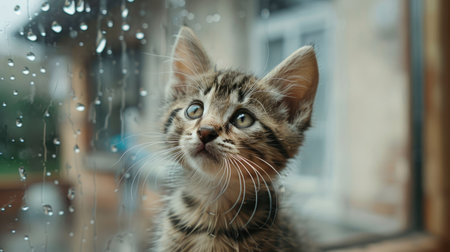 Adorable kitten with a gentle gaze on a rainy day inside a cozy apartment. Home comfort.の素材