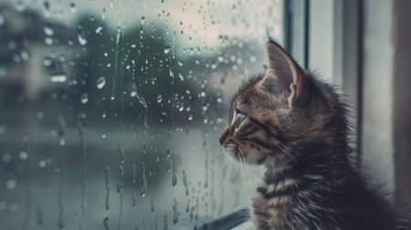 Adorable kitten gazing out the window on a rainy day. Cozy apartment atmosphere.の素材