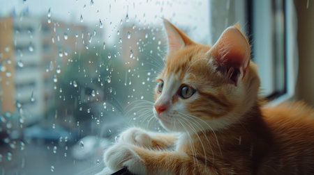 Cute kitten enjoying a rainy day view from a comfortable apartment windowsill. Domestic tranquilityの素材