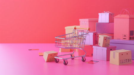 Credit card, delivery boxes, and a shopping cart on a pink surface. Online shopping and delivery themeの素材