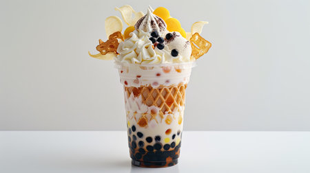 Clear plastic cup filled with vanilla ice cream, bubble tea pearls, and waffle chips, white backgroundの素材