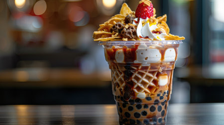 Boba sundae with vanilla soft ice cream, bubble tea, waffle chips topping in a clear cupの素材
