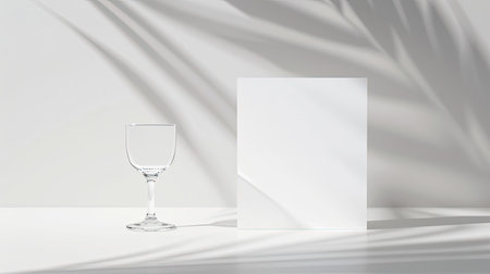 Blank greeting card mockup with subtle shadows from a glass goblet on a white background. Perfect for elegant designsの素材