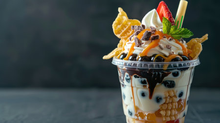 Boba sundae with vanilla ice cream, bubble tea, and waffle chips topping in a clear plastic cupの素材