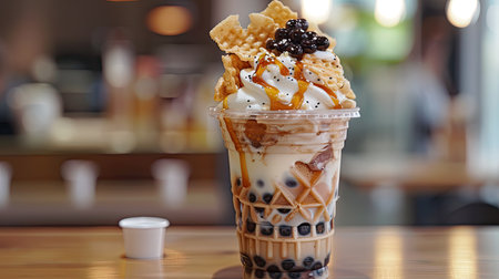 Clear plastic cup with vanilla soft serve ice cream, bubble tea pearls, and waffle chips toppingの素材