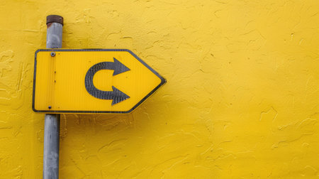 High-quality photo of a left curved arrow on a yellow background traffic signの素材