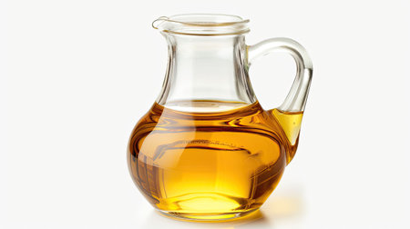 Clear glass jug filled with golden cooking oil, isolated on a white backgroundの素材
