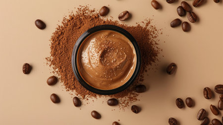 Coffee exfoliating cream on light brown backdrop, ad mockup, top viewの素材