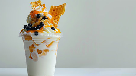 Clear plastic cup with vanilla soft serve, boba pearls, and waffle chips topping, white backgroundの素材