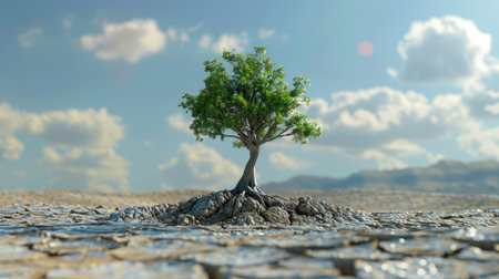 3D depiction of a tree against a restored landscape, representing World Environment Day 2024's focus on desertification and drought resilienceの素材