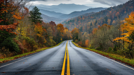 Long, picturesque road leading to the Great Smoky Mountains National Park, Tennessee, with a backdrop of lush forest and distant mountainsの素材