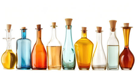 Elegant set of oil glass bottles, isolated on a white backgroundの素材