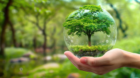 Green Earth with tree held by a hand, representing ESG goals, CO2 reduction, and the push for a sustainable futureの素材